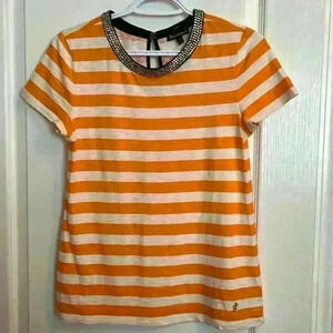 Y2K Juicy Couture Rhinestone Collar  Striped Tee Shirt in Orange Size XS